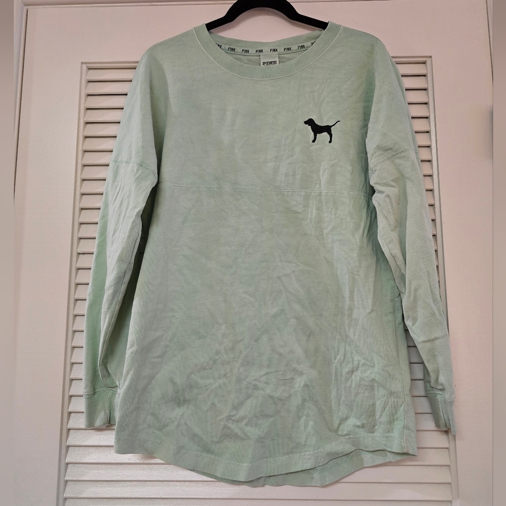 PINK Victoria's Secret - Light Green & Black 100% Cotton Long-Sleeve Casual Top